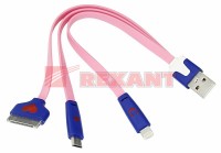 REXANT USB кабель 3 в 1 светящиеся разъемы для iPhone 5/4/microUSB шнур 0.15 м розовый 18-4251 фото