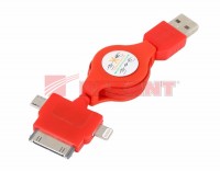 USB кабель-рулетка 3 в 1 для iPhone 5/microUSB/iPhone 4 красный Rexant 18-4055 фото