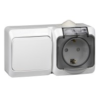 Этюд наружняя белый блок: розетка с заземлением, со шторками + переключатель 1-клавишный IP44 BPA16-246B фото