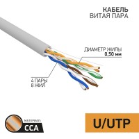 Кабель витая пара UTP 4PR 24AWG CAT5e, CCA, PVC, серый, (бух 25м) PROconnect 01-0043-3-25 фото